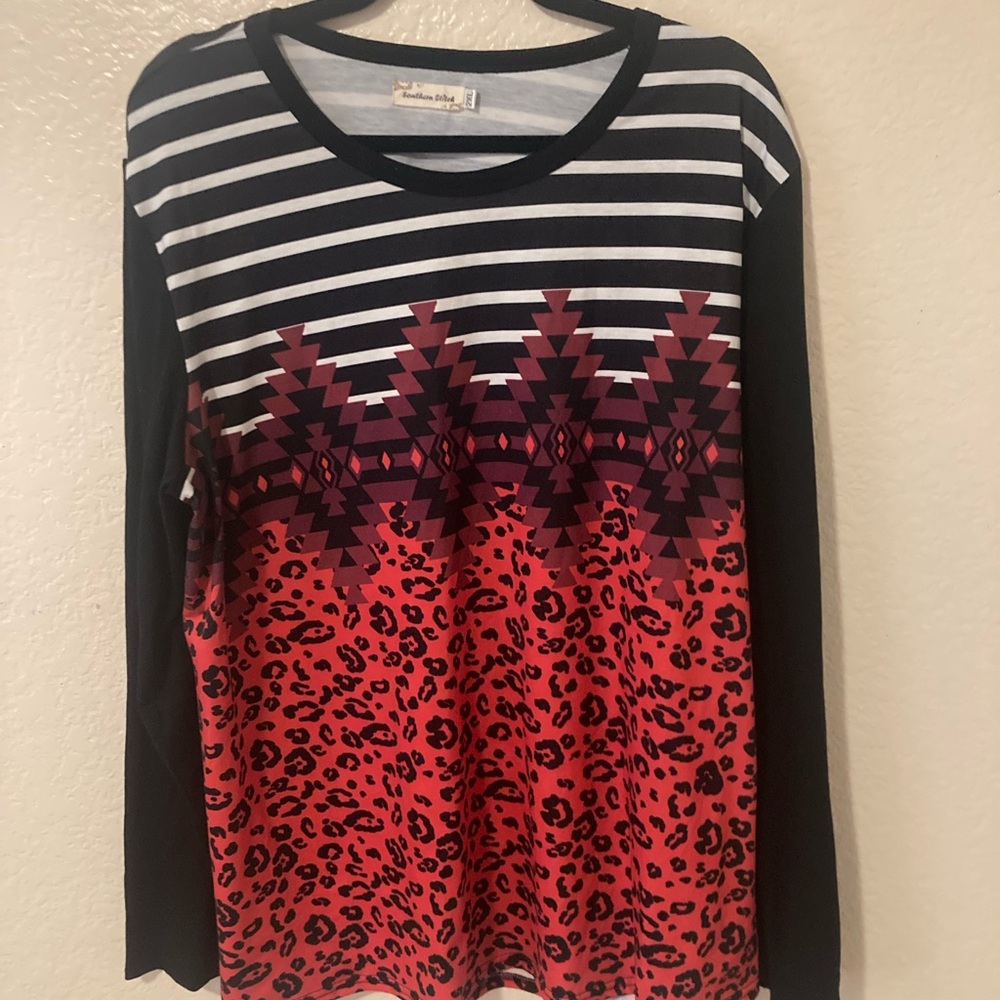 Chic Striped and Leopard Long Sleeve Top